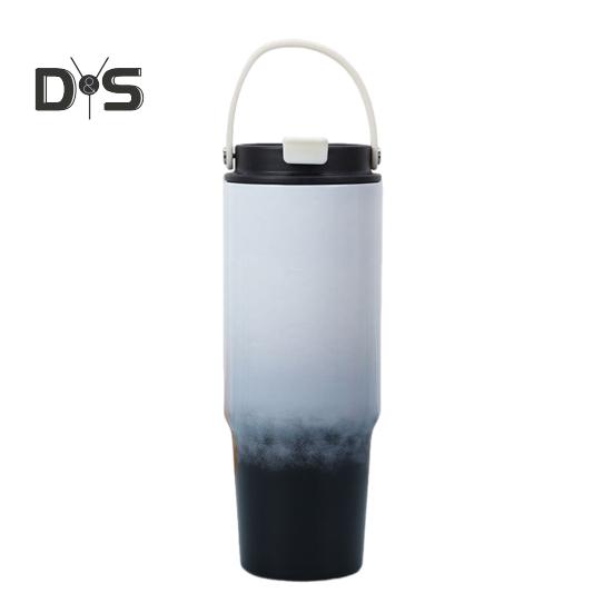 Стакан из нержавеющей стали на 30 унций с ручкой, соломенной крышкой, изолированная дорожная кружка, герметичная чашка для воды для домашнего офиса, тренажерного зала, дорожная бутылка для смузи для взрослых