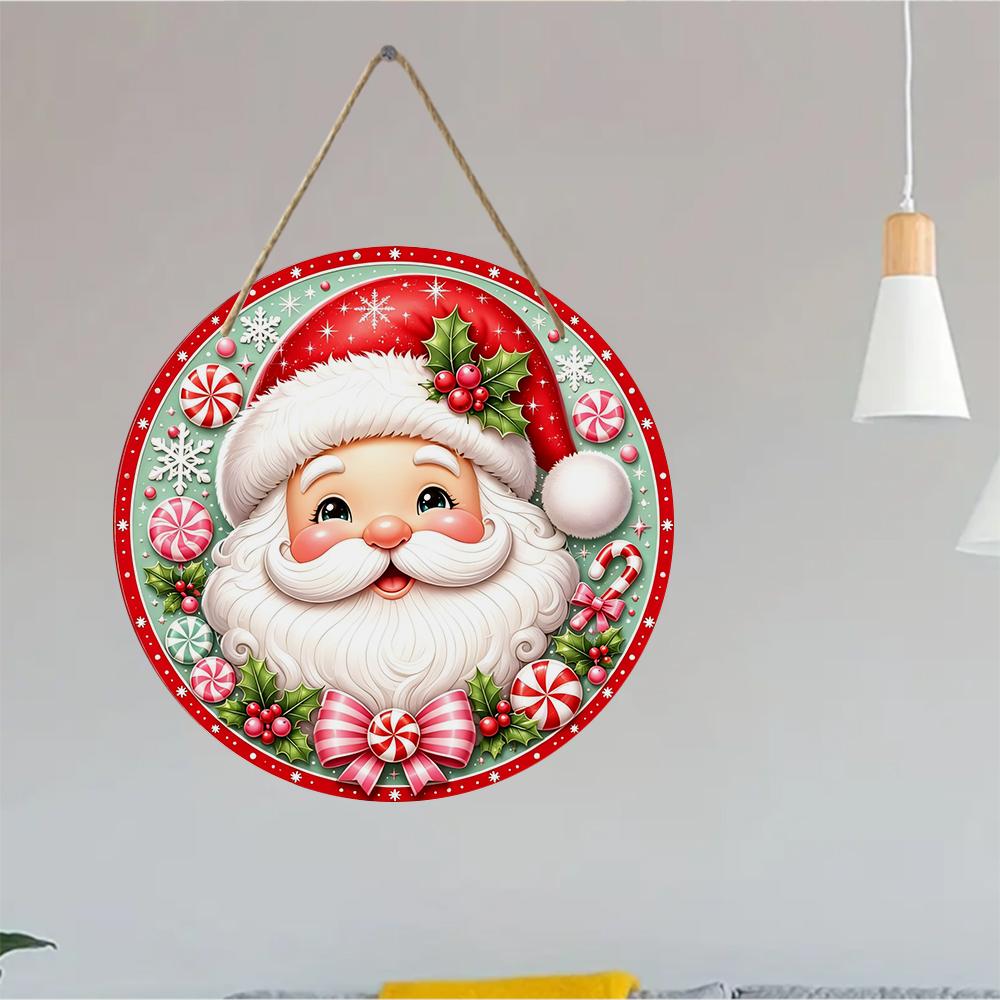 Festive Santa Claus pattern Round Wooden Hanging Plaque decorative indoor wall sign Christmas party ornament for home holiday decor front door
