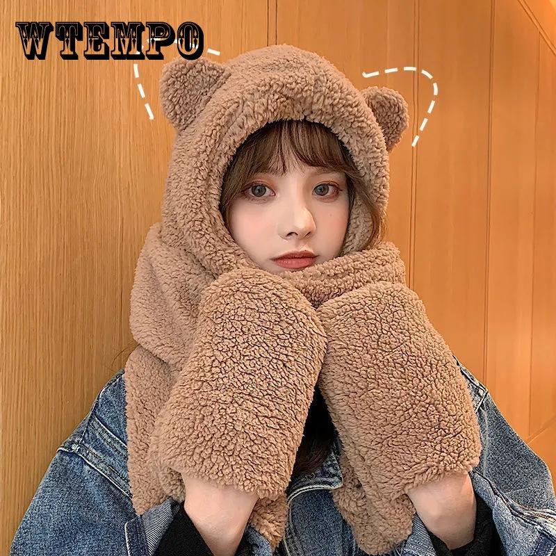 Winter Warm Scarf Women Girl Bear Ear Cut Hooded Hats Pockets Goloves Scarves All In One Cashmere Soft Shawls Female Fur Warm Winter Scarf