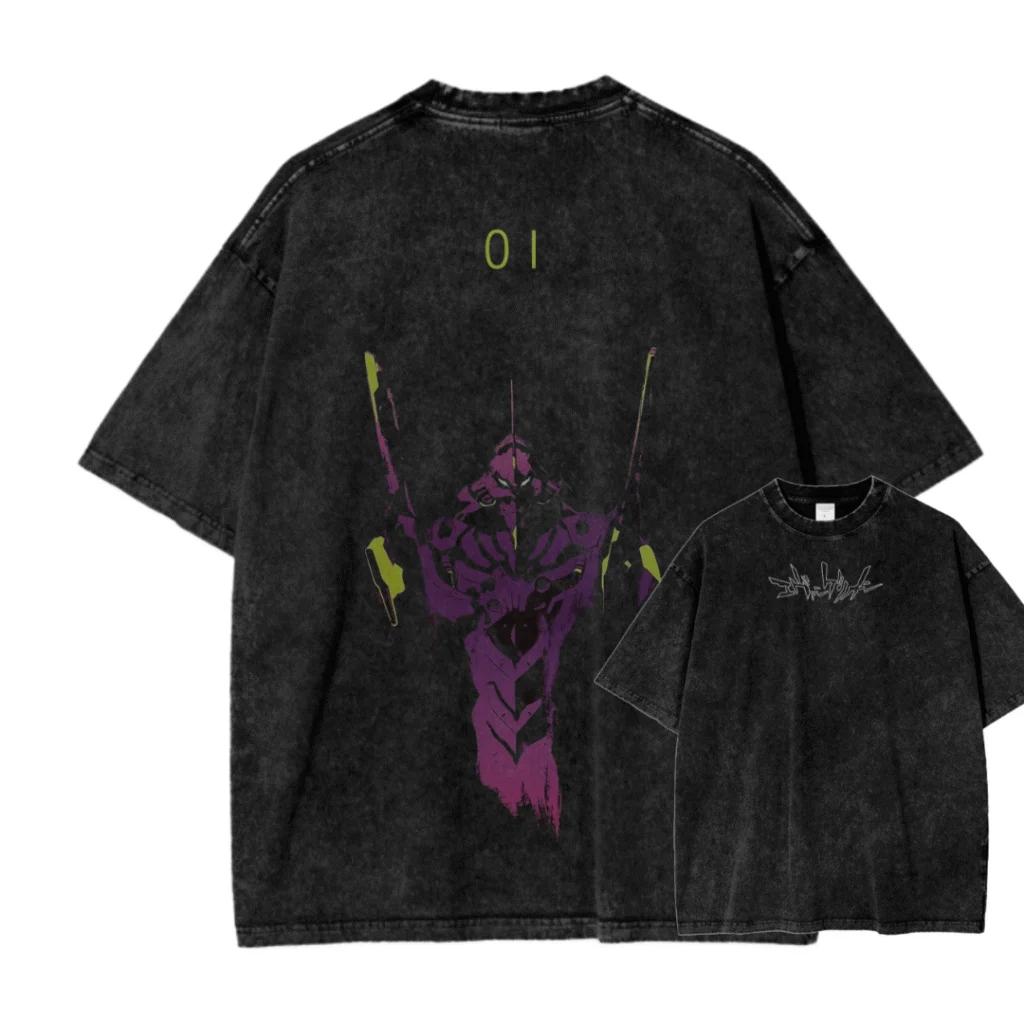 Новая футболка ACID WASH с принтом Neon Genesis Evangelion Мужская и женская Стиранная футболка Высококачественная Винтажная футболка Топ