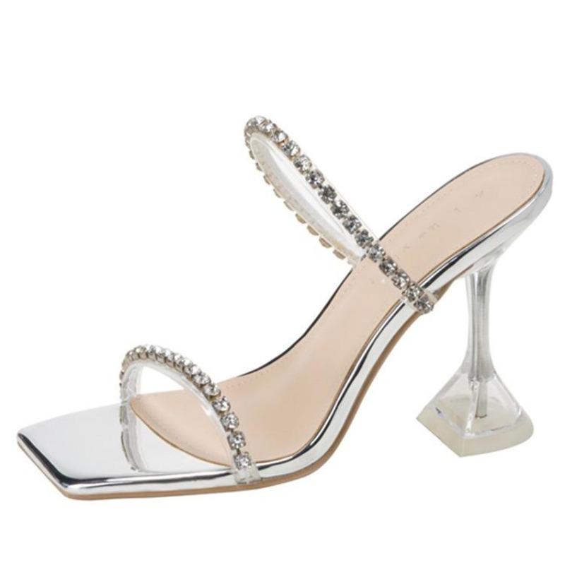 Модные летние сексуальные модные женские босоножки с открытым носком, с бриллиантами, сияющие, квадратные, с высоким каблуком, банкетные женские туфли, большой дизайн