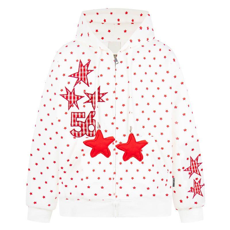 Unisex Streetwear Hooded Zip-Up Sweatshirt With Star Print Loose Fit 2026 Casual Outerwear