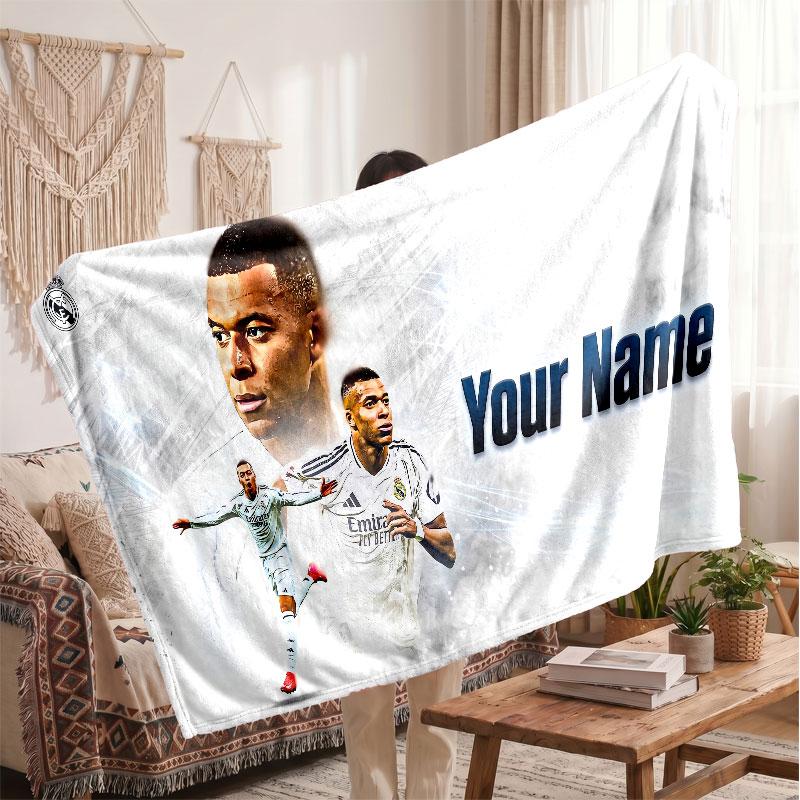 Kylian Mbappe Personalized Fleece Blanket With Football Logo, Custom Name Text Soft Warm Home Throw Blanket