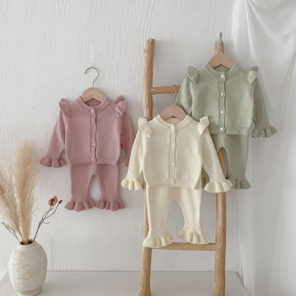 Комплект из двух предметов: однотонный кардиган в корейском стиле и брюки для девочек - теплый вязаный кружевной костюм для осени и зимы