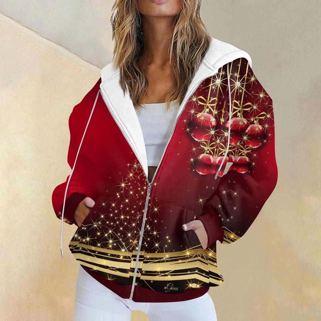 Женская модная повседневная толстовка с рождественским принтом и длинными рукавами, карманная куртка, пальто с капюшоном на молнии