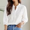 Elegant Short Sleeved Jacquard Lace Loose Shirt Fashion Sweet Women Casual Hollow Out Office White Blouse Spring Autumn New V-neck Women Top Clothing