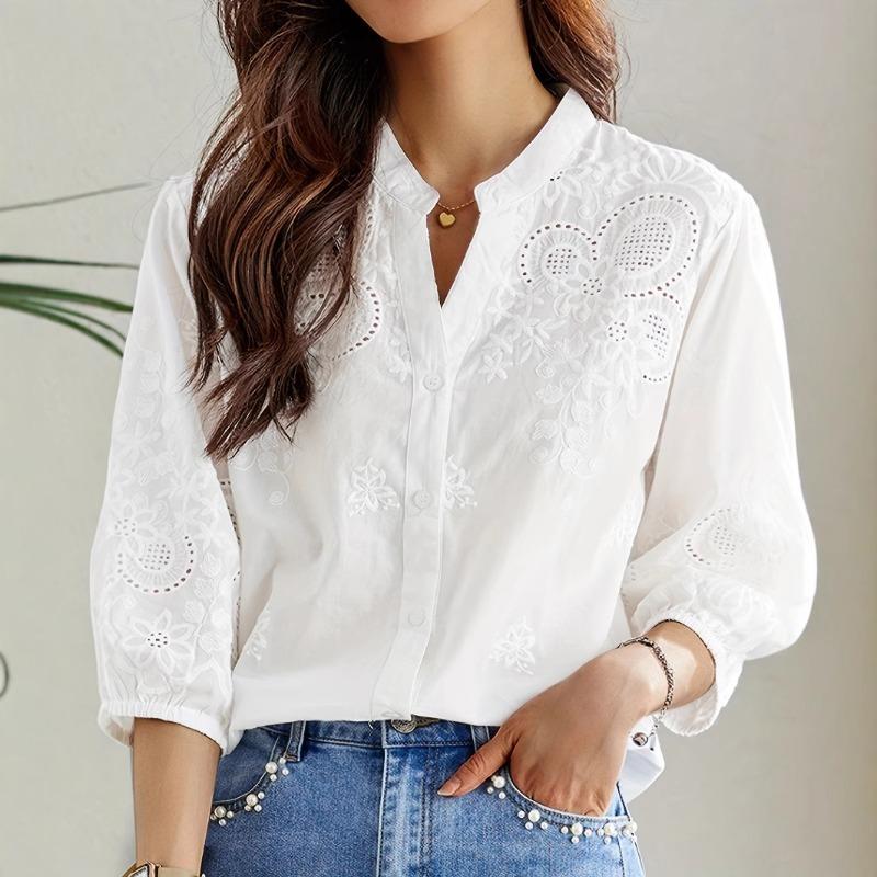 Elegant Short Sleeved Jacquard Lace Loose Shirt Fashion Sweet Women Casual Hollow Out Office White Blouse Spring Autumn New V-neck Women Top Clothing