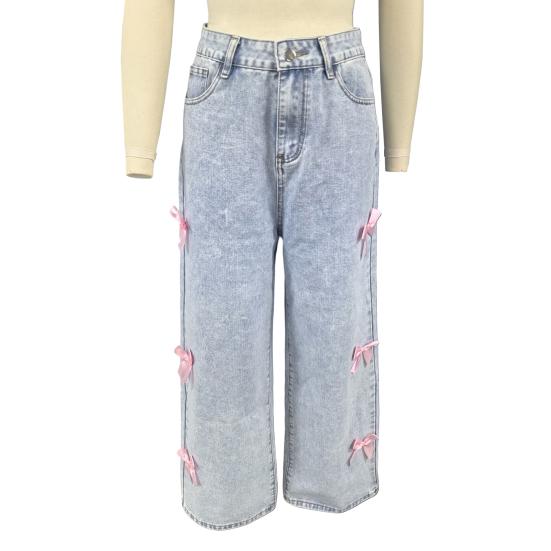 Женские широкие джинсы с украшением в виде галстука-бабочки, прямые джинсовые брюки с высокой талией, повседневные мешковатые джинсовые брюки