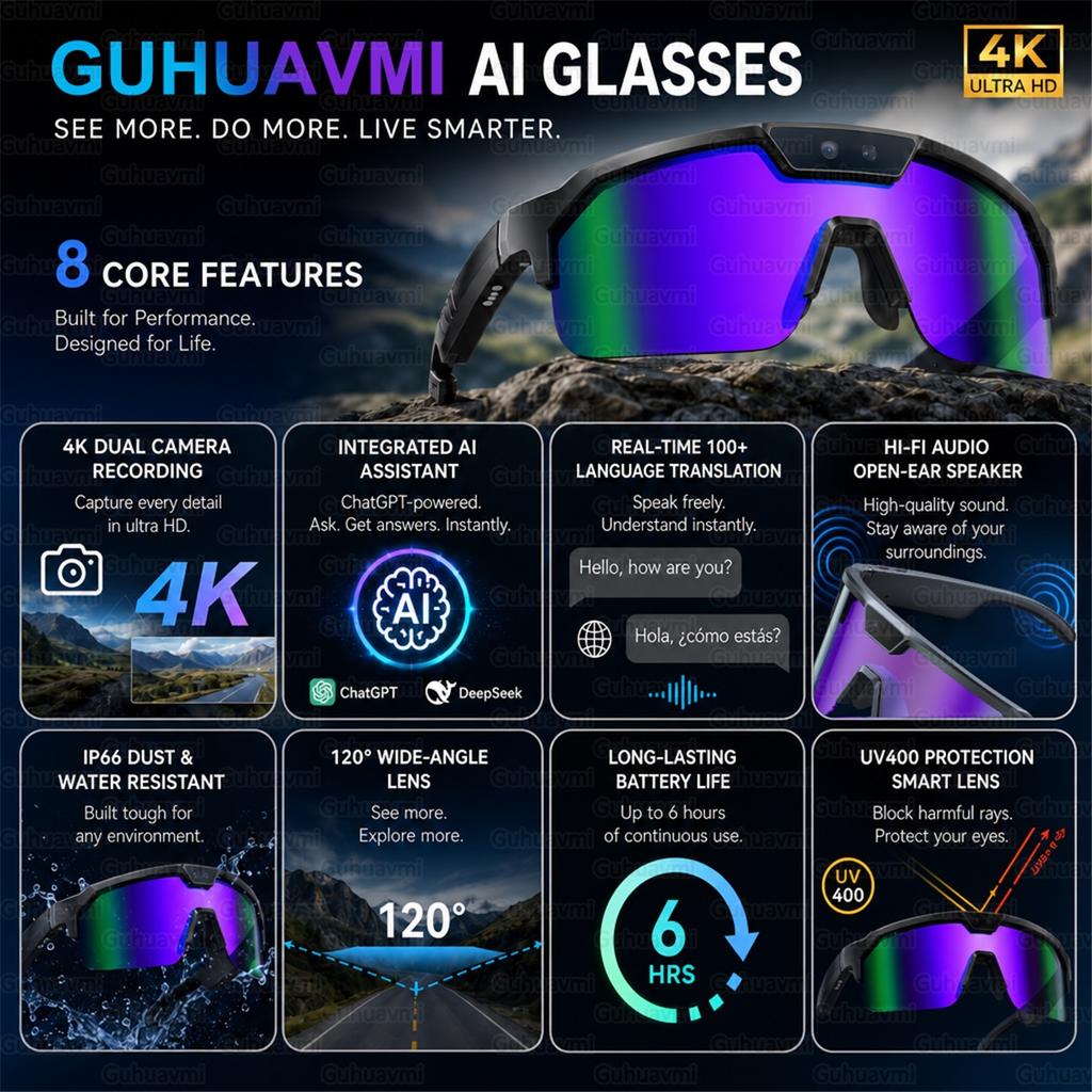 Спортивные умные очки с камерой 4K HD с защитой от тряски и 3D стереодинамиками, поляризационные солнцезащитные очки UV400, Bluetooth, ИИ, для улицы, видео от первого лица (POV)