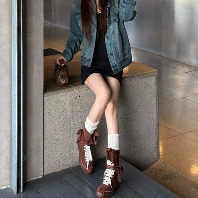 [Издание] Ретро ботинки Мартина женские ковбойские ботинки цветовая гамма внутренняя танкетка шнуровка короткие ботинки рабочие ботинки кожа