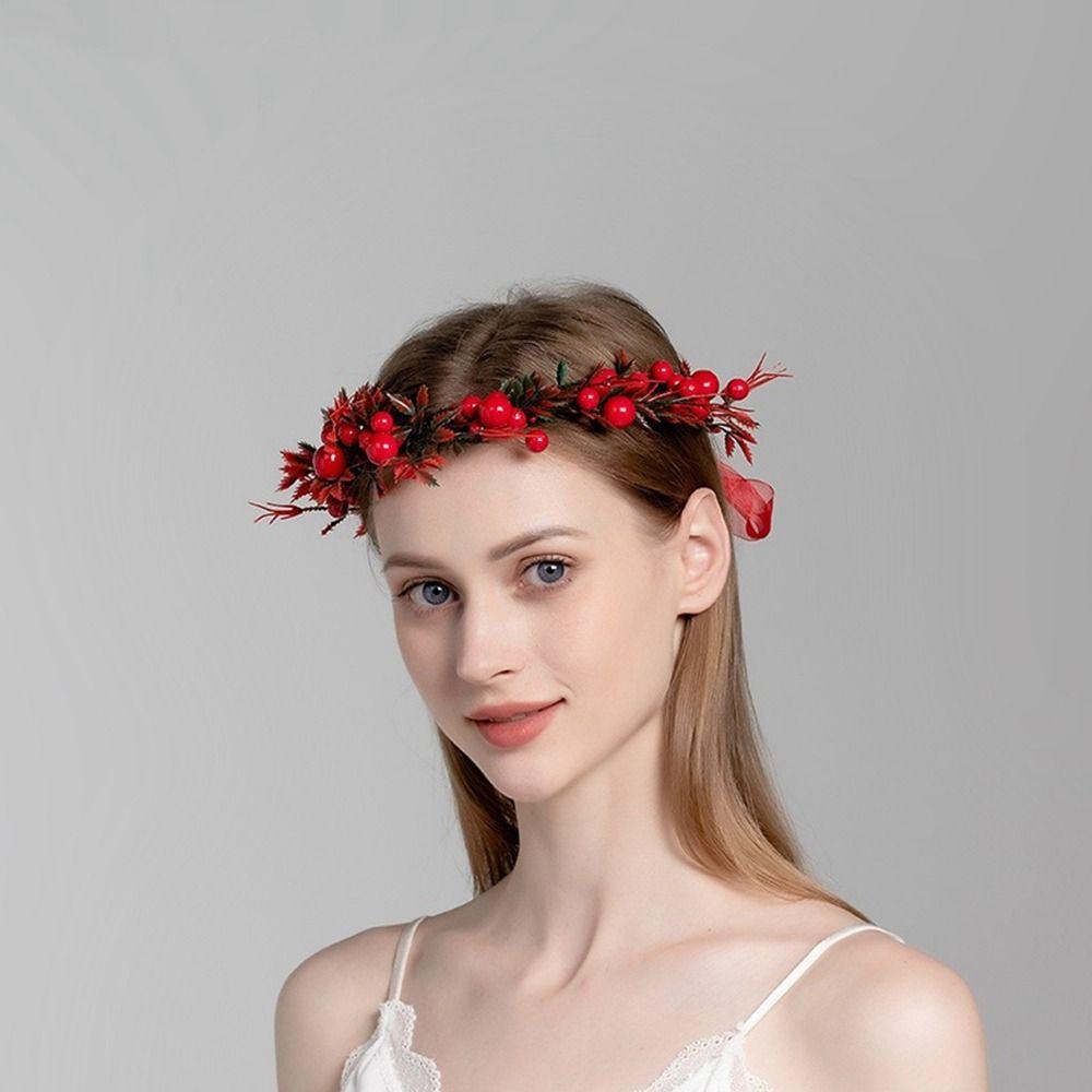 Flower Christmas Headband Crown Flower Headband Red Berry Garland Wreath Decoration Women Headwear