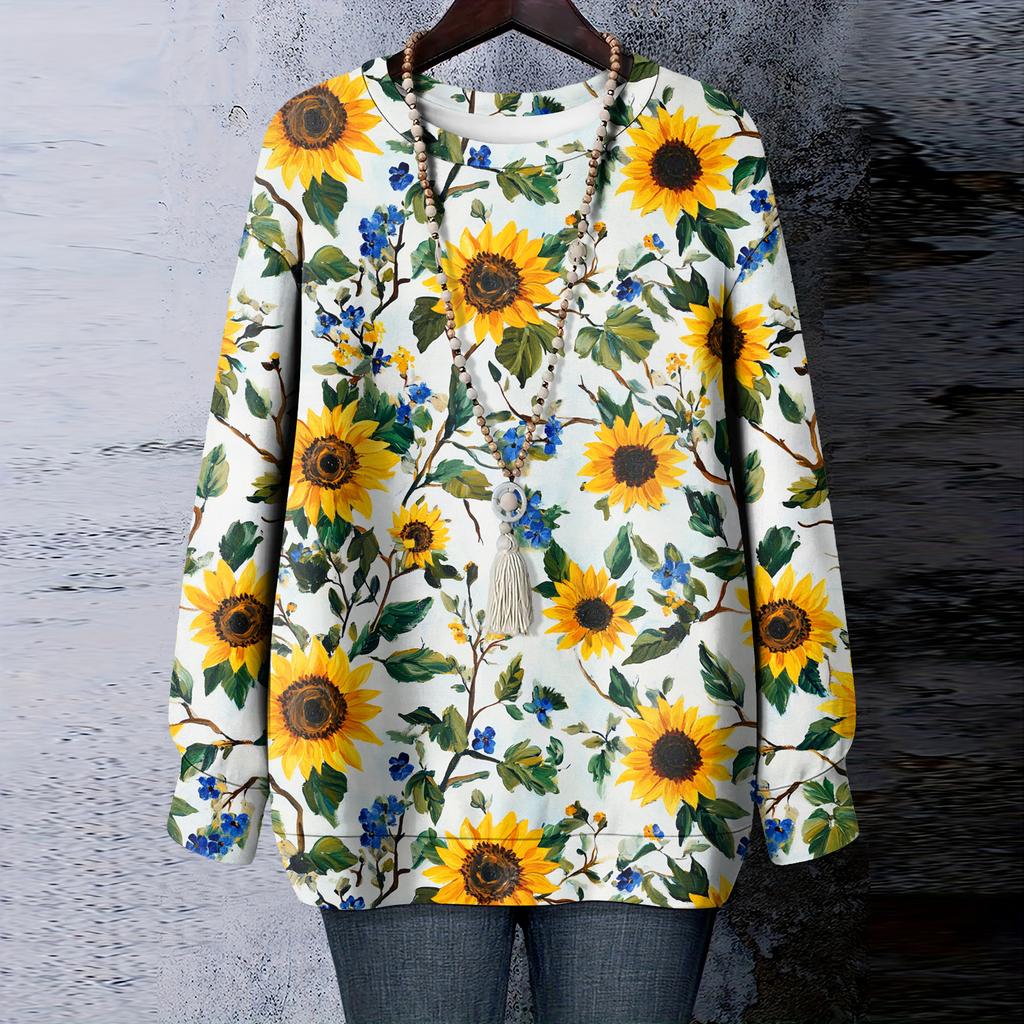 Женская футболка с цветочным принтом, круглым вырезом и длинными рукавами, свитшот