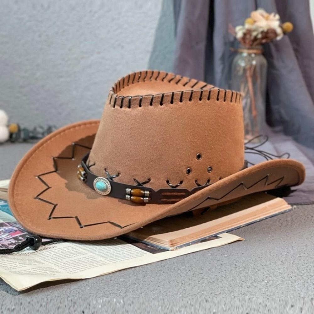 Wide Brim Fedora Hat Leather Belt Sun Hat Travel Western Cowboy Hat Camping
