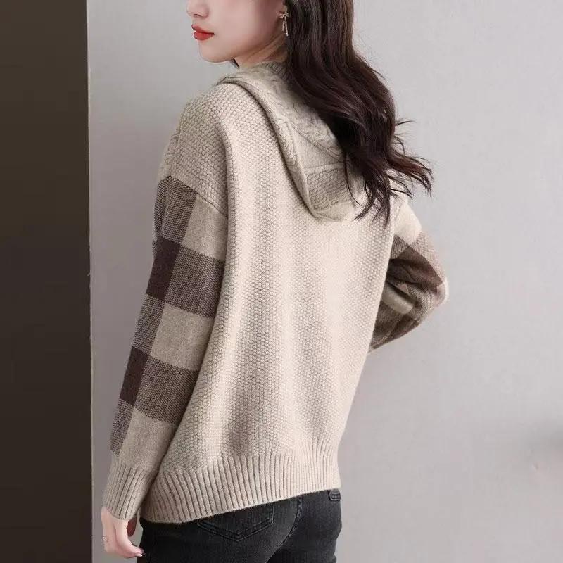 Осенне-зимний трикотажный свитер с капюшоном, женственный, свободный и тонкий, верхняя одежда, свитер с капюшоном