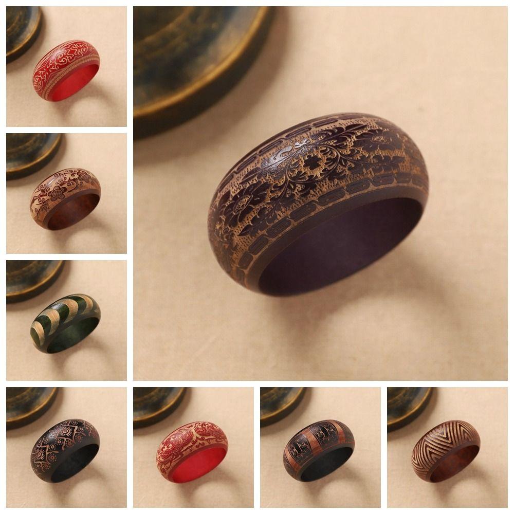 Wide Carving Wooden Bangle Retro Ethnic Style Bangle Festival Wear Chinese Style Bracelet Women