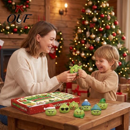 Soft TPR Fidget Toy Green Elf Dumpling Advent Calendar for Christmas, with 24 Stress Relief Squeeze Toys, Christmas Themed Gift Box Days Xmas