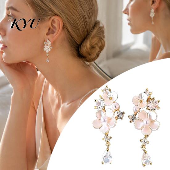 Delicate Gift for Her 1 Pair Flower Dangle Drop Earrings Women, Pink Non-slip Secure Fit with Rhinestone Teardrop Charm, Statement Jewelry Wedding,