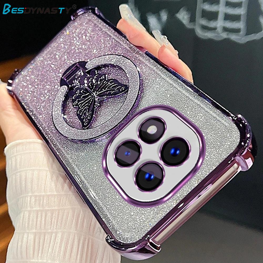 Чехол силиконовый с блестками и бабочкой-подставкой с градиентным покрытием для Xiaomi Redmi Note 14 Pro Plus, противоударный чехол для Mi Poco X7