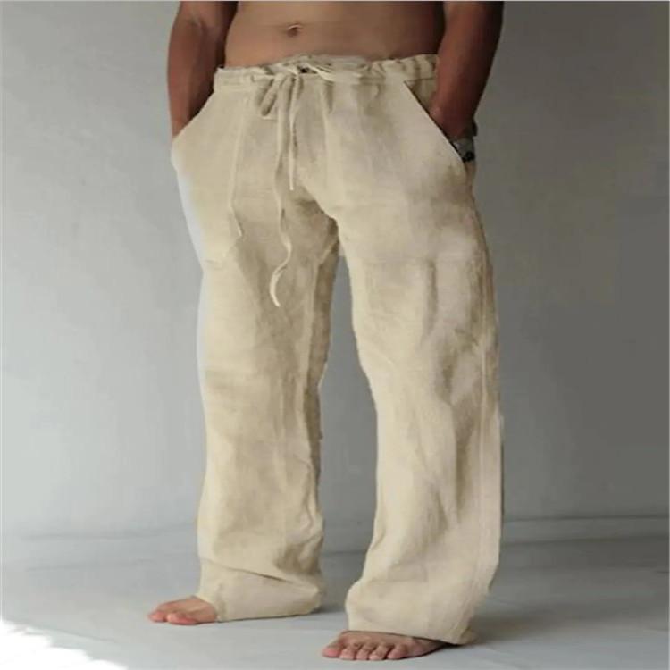 Мужские повседневные брюки, новые однотонные спортивные брюки из хлопка и льна, свободные повседневные брюки с завязками и несколькими карманами