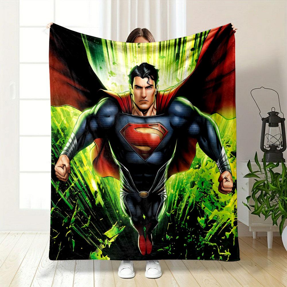 A Flying Superhero with a Red Cape and Green Glowing Background Shards. for All Seasons Blanket Lunch Break Throw Gift