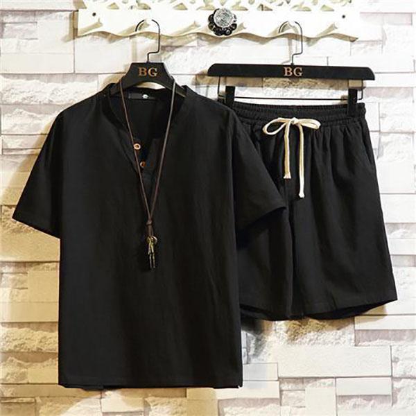 Мужская одежда, большой размер, спортивный костюм, льняная короткая футболка, летний костюм, одежда больших размеров, спортивный костюм, комплект для мужа из хлопка