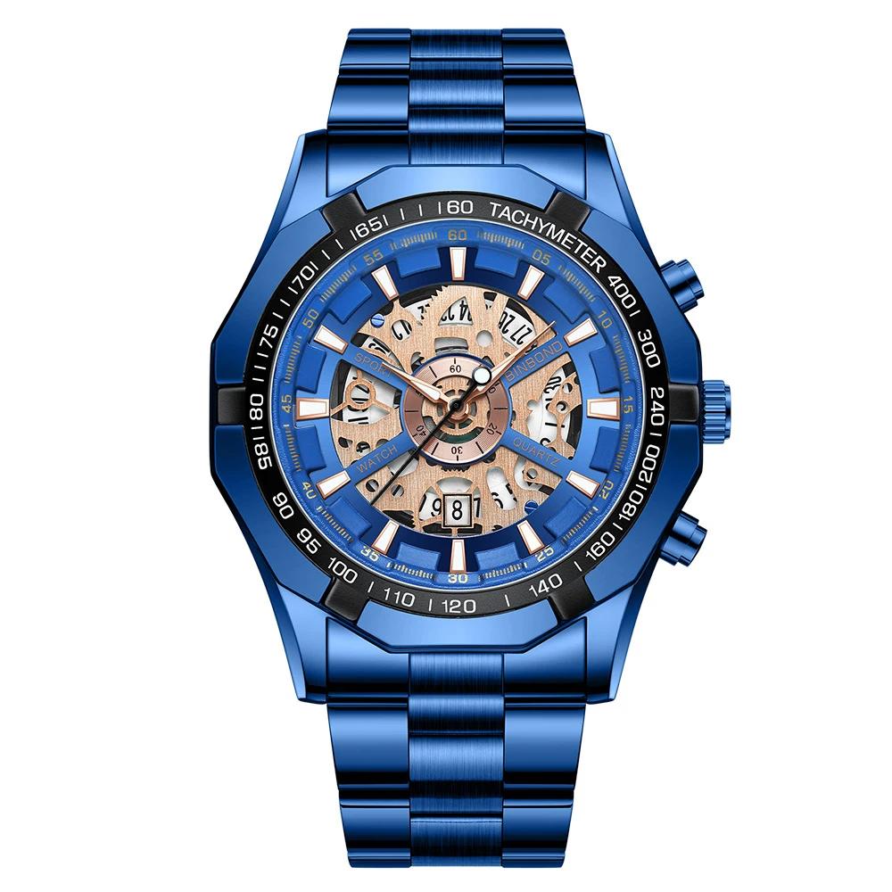 BINBOND Men's Quartz Watches Top Brand Luxury Stainless Steel Waterproof Hollow Out Blue Big Male Wristwatches Relogio Masculino