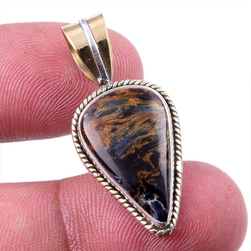 Natural Pietersite Gemstone 925 Solid Sterling Silver TwoTone Pendant 1.50" U2c67