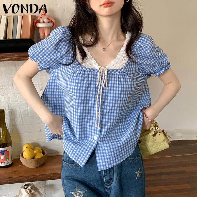 VONDA Женские летние топы с коротким рукавом и без бретелек, кружевные, в клетку, с принтом в стиле пэчворк