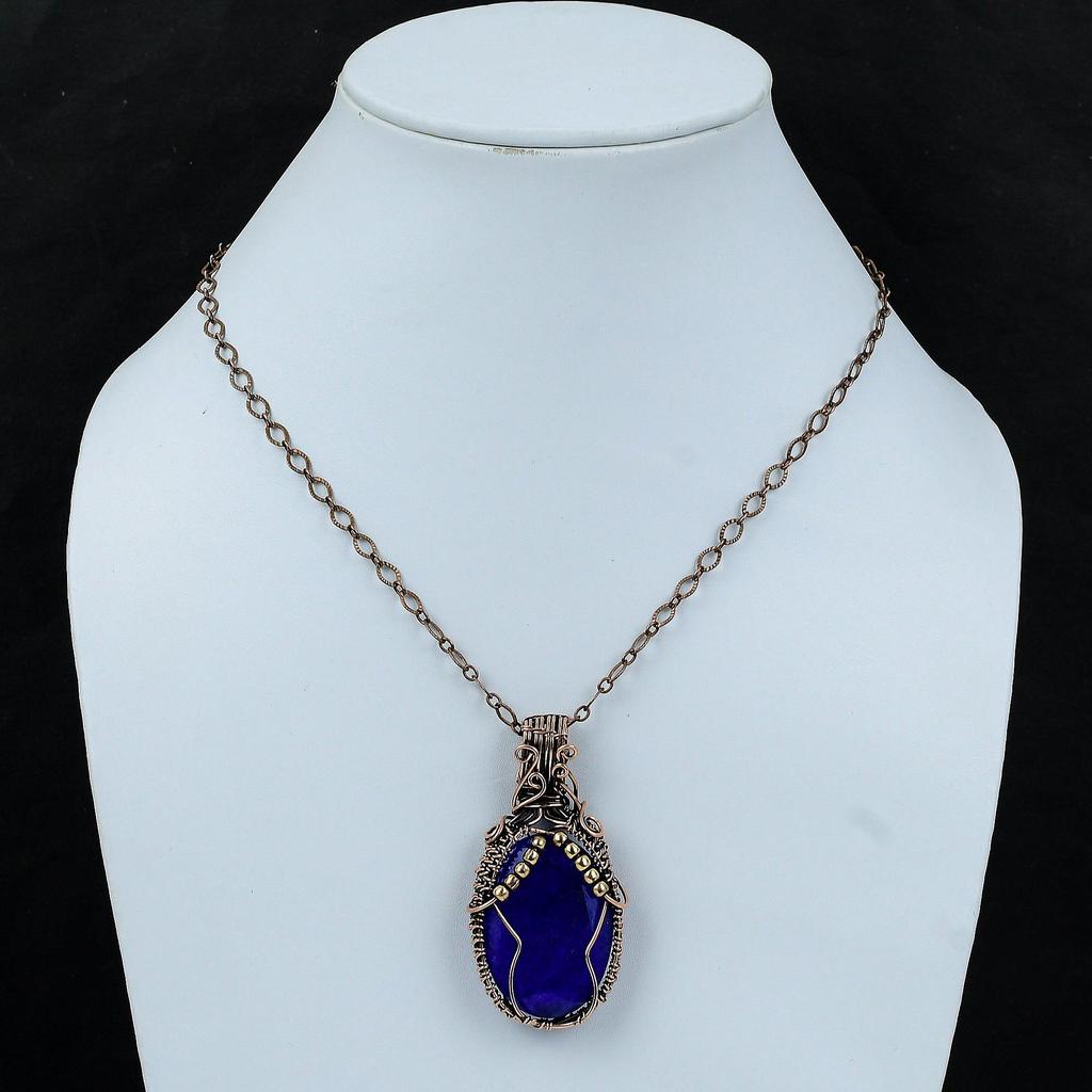 Faceted Blue Sapphire Pendant Copper Wire Wrapped Jewelry Handmade Gemstone Pendant Copper Pendant Ethnic Jewelry Wire Wrap Pendant For Gift