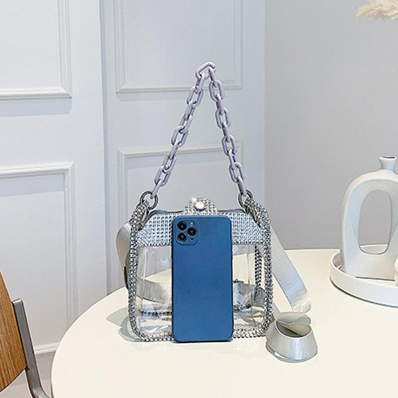 PVC Transparent Shoulder Crossbody Bag Rhinestone Thick Chain Ladies Small Purse and Handbags Fashion Jelly Summer Beach Totes CLE