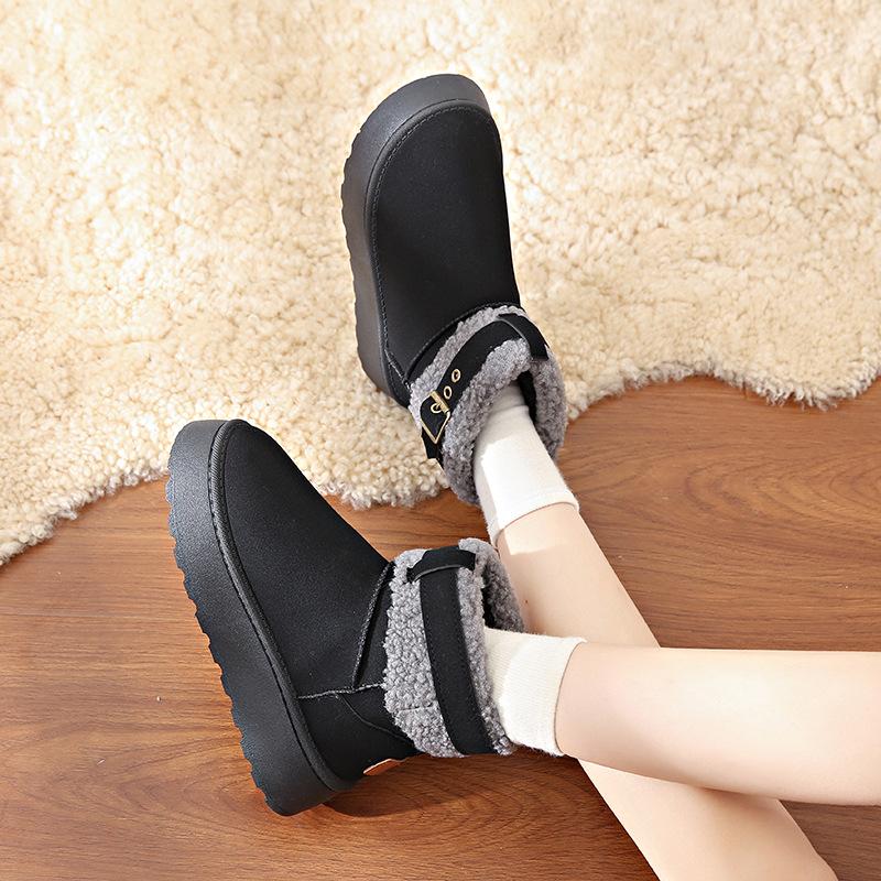 Зимний хит продаж 2024 года, новые шерстяные хлопковые туфли большого размера на толстой подошве для женщин с утолщенным теплым ремнем с пряжкой, повседневные зимние ботинки