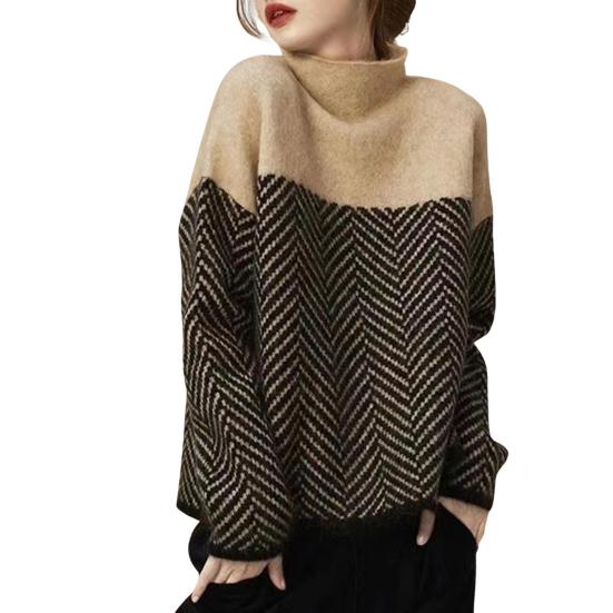 Women Sweater Half High Collar Long Sleeve Color-Blocked Loose Fit Knitting Top Autumn Winter Thick Warm Pullover Tops