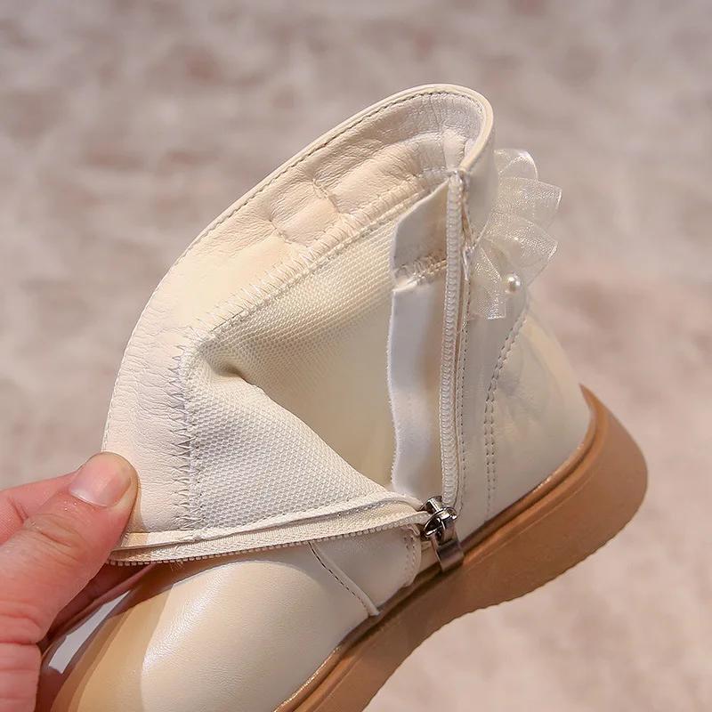 Туфли принцессы для девочек с кружевом Детские короткие ботинки с боковой молнией Нескользящие 2024 Осенняя мода Элегантные ботильоны для девочек Искусственная кожа
