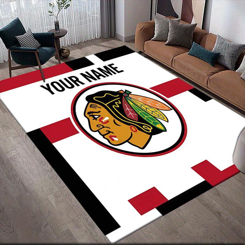 Custom Name,Chicago Blackhawks Home Sofa Decoration for Living Room & Bedroom, Non‑Slip Play Flannel Floor Mat for Game Room