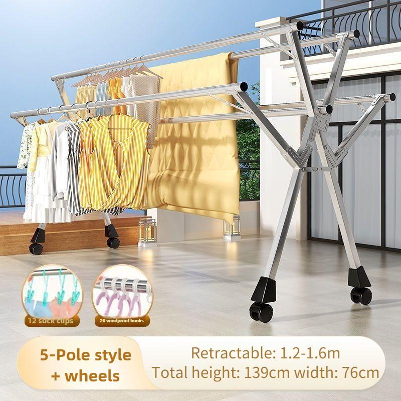 Сушилка для одежды из нержавеющей стали, бытовая складная вешалка-стойка, балконная, 5-полюсная, выдвижной инструмент для сушки одежды