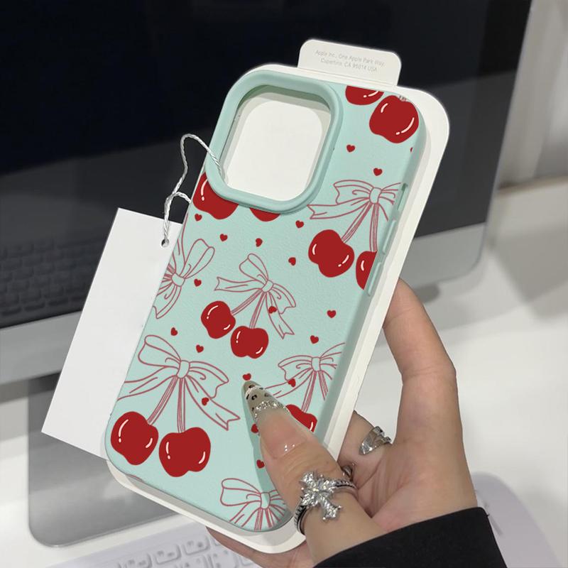 Мягкий чехол из ТПУ с кожаной текстурой для iPhone 16 Pro Max 15 Pro 14 13 12 11 с бантом и принтом вишни, тонкий противоударный матовый чехол-бампер