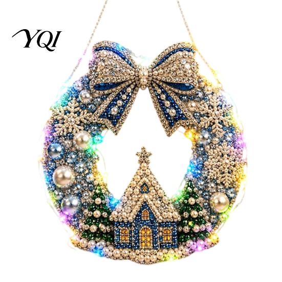 Craft Kits for Adults DIY Acrylic Christmas Faux Pearl Art Hanging Kit, Lighted Wreath 3D Beaded Customizable Holiday Kit with LED String Light,