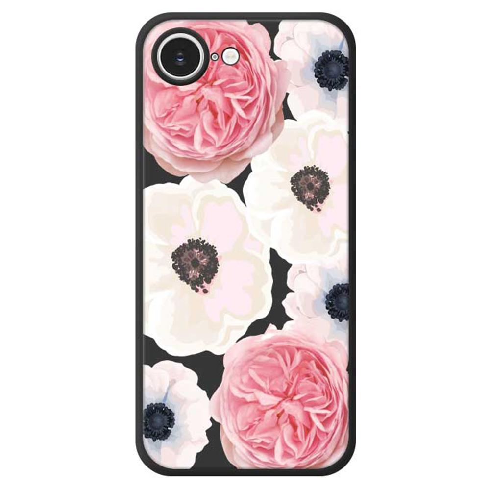 For iPhone 16e Case White and Pink Flower Pattern Printing Straight Edge TPU Phone Back Cover
