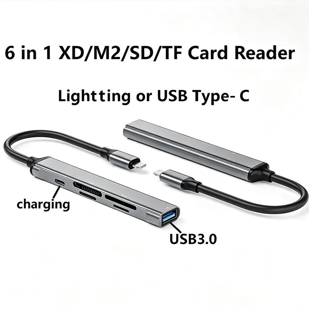 6-в-1 OTG кард-ридер с портом для зарядки, адаптер Lightning/Type-C, поддержка SD TF M2 XD USB-накопителя, мыши для iPhone Android