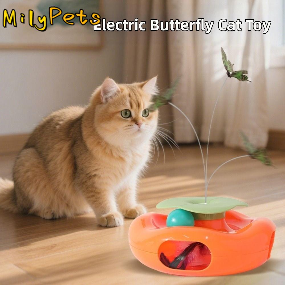Creative Electric Cat Rotating Toy Non-slip Built-in Feather Butterfly Cat Teaser Toy Cartoon Cute Smart Pet Turntable Toy
