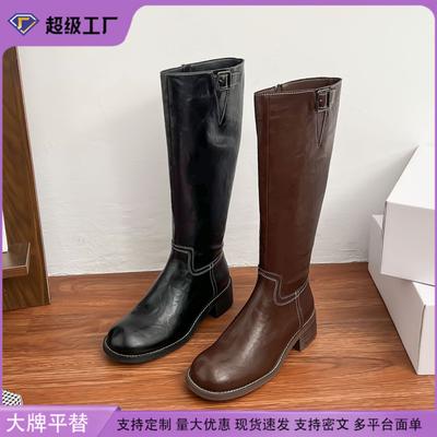 Вымытая лошадиная кожа~ Натуральная кожа на толстой подошве, но ботфорты до колена женские, ретро британский стиль, коричневые сапоги, высокие сапоги-рыцари