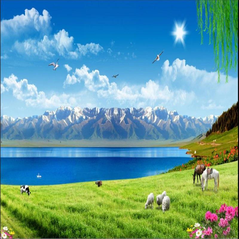 Photo Wallpaper Background Snow Mountain Prairie Mural Blue Sky and White Clouds 3D Large Wall Mural