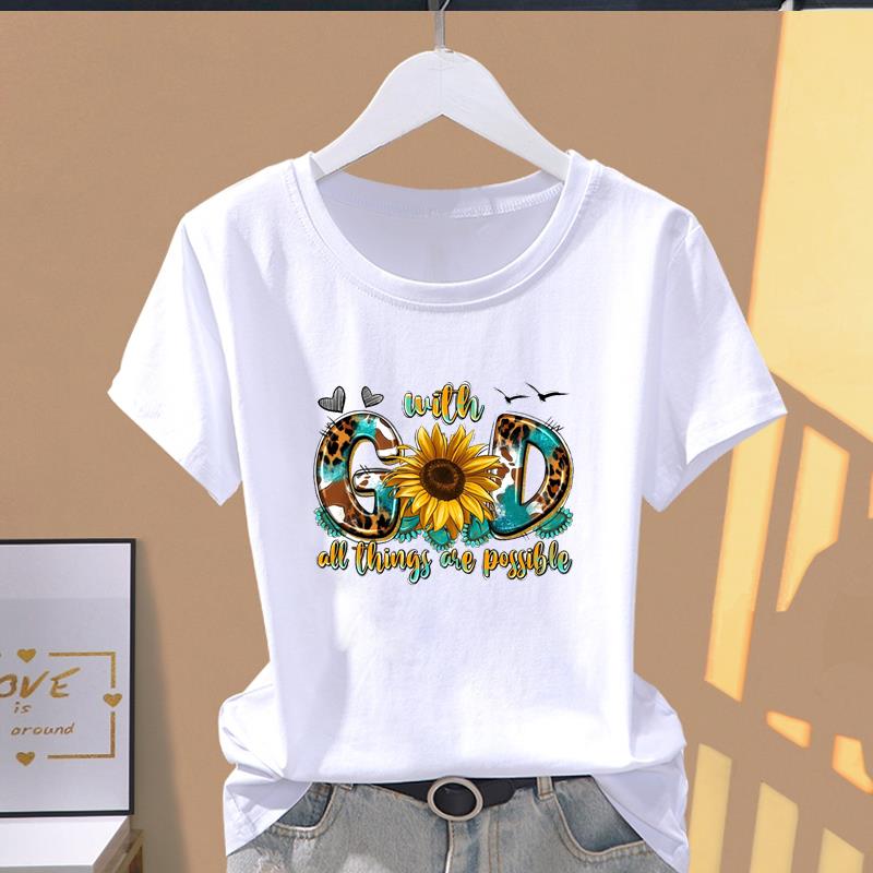 (Азиатский размер) Графическая футболка Футболка Одежда Цветок Буква Тренд Стиль Леди Повседневная Мода Принт Женская Повседневная Женская Майка Футболки с коротким рукавом