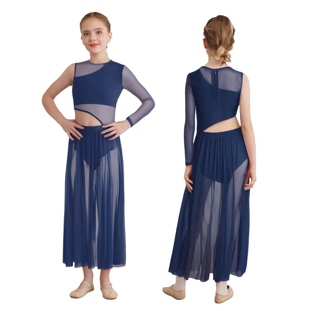 Современное лирическое танцевальное платье для девочек с вырезами по бокам, пэчворком, разрезом и асимметричным дизайном из прозрачной сетки