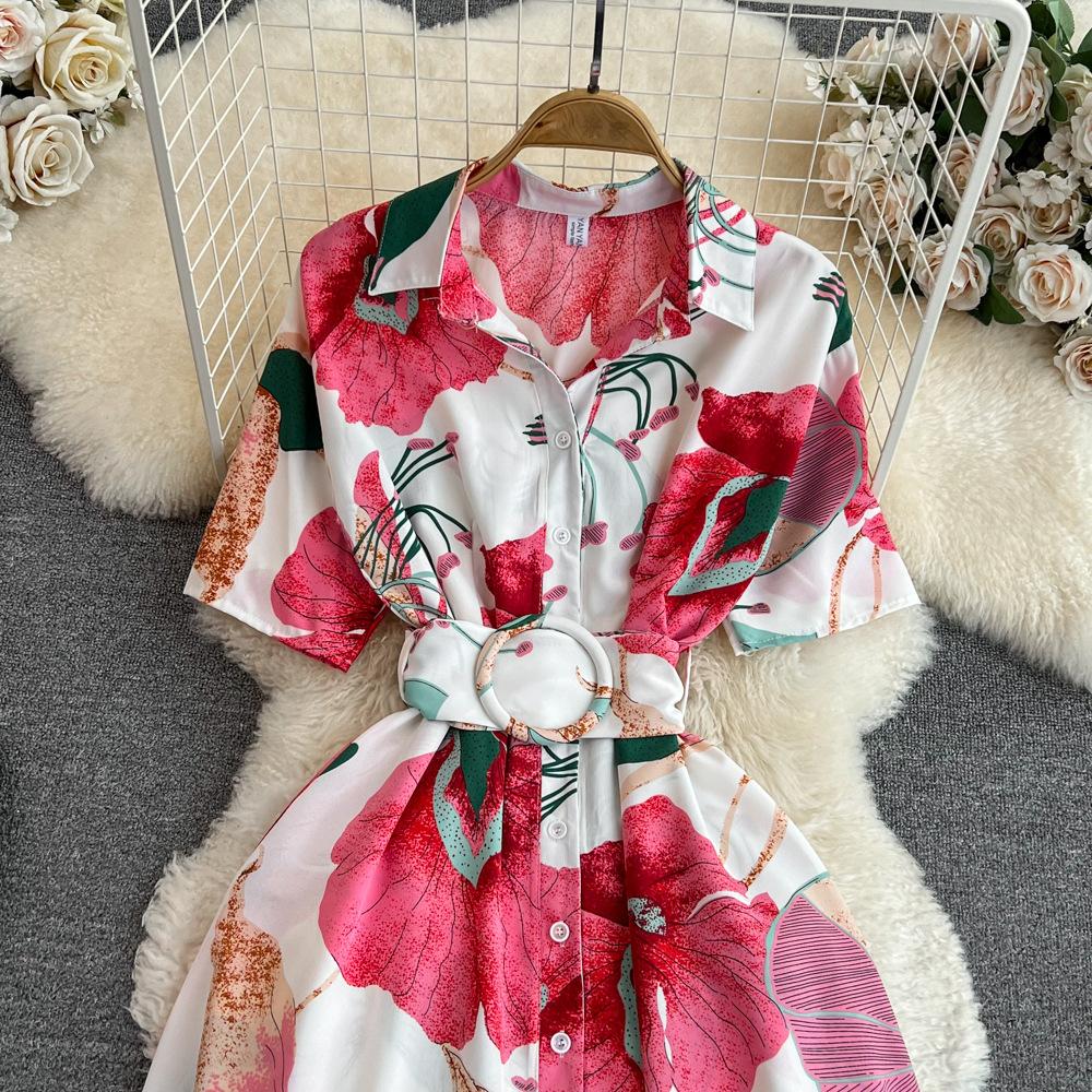 Women's Floral Print Dress A-line Elegant Vintage Lady Summer Dresses with Belt Casual Vestidos