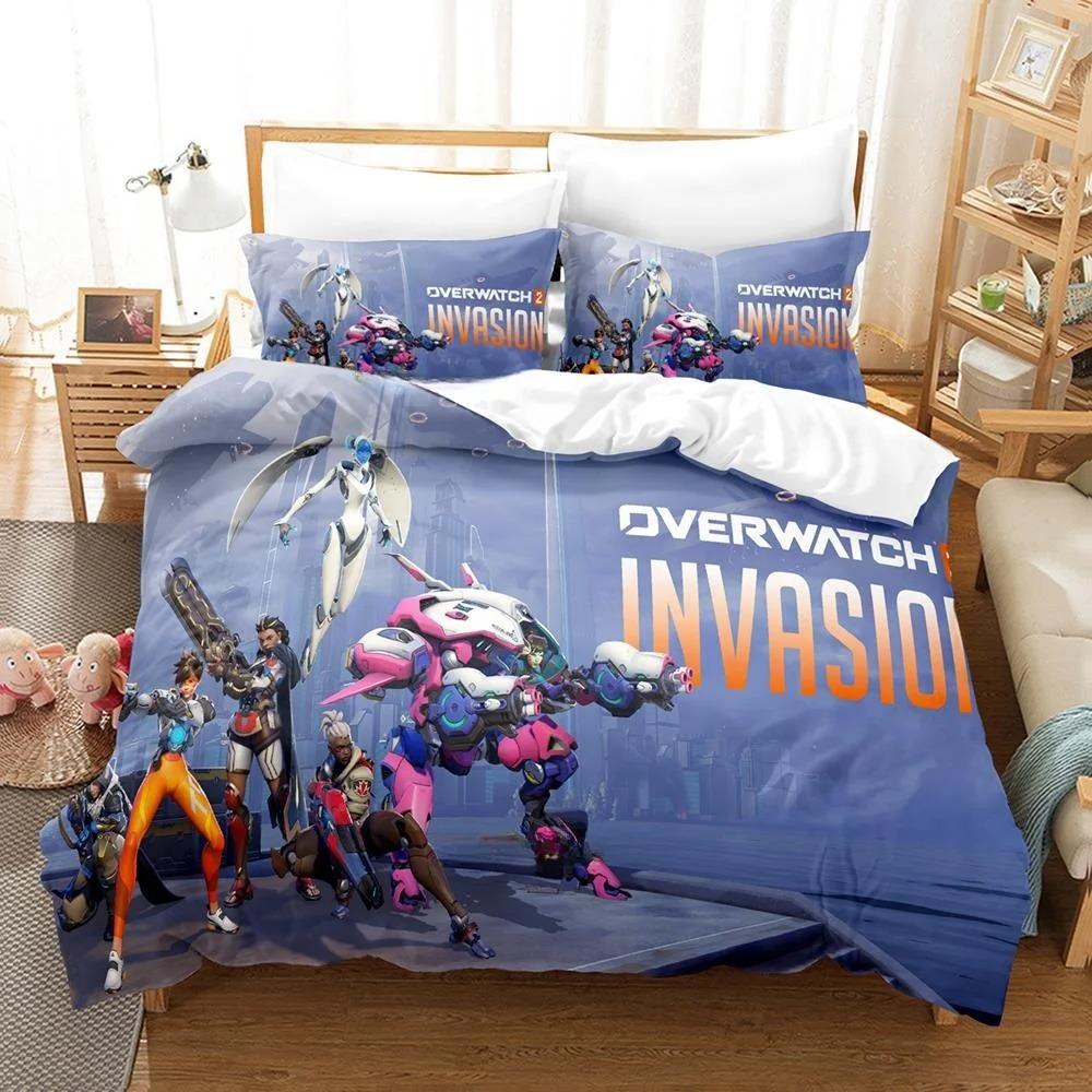 Игровой Overwatch 2 Invasion Коллекция постельного белья Односпальная Полуторная Двуспальная Queen King Размерная Коллекция кроватей Спальня для взрослых Мальчиков Пододеяльник Коллекции Новый Аниме