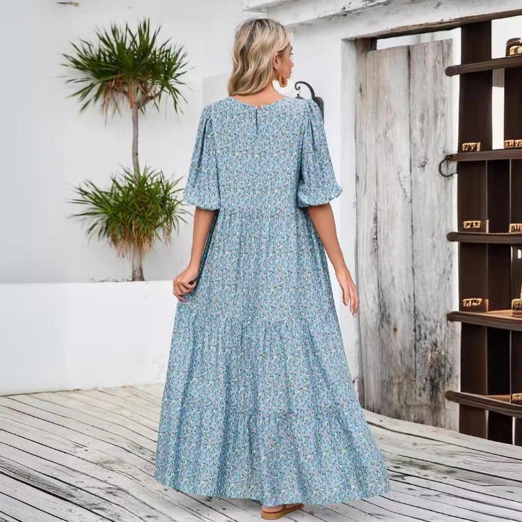 Women Summer Casual Floral Print O Neck Dress High Waist Loose Large Size Ankle Length Middle Long Sleeve Spring Dress