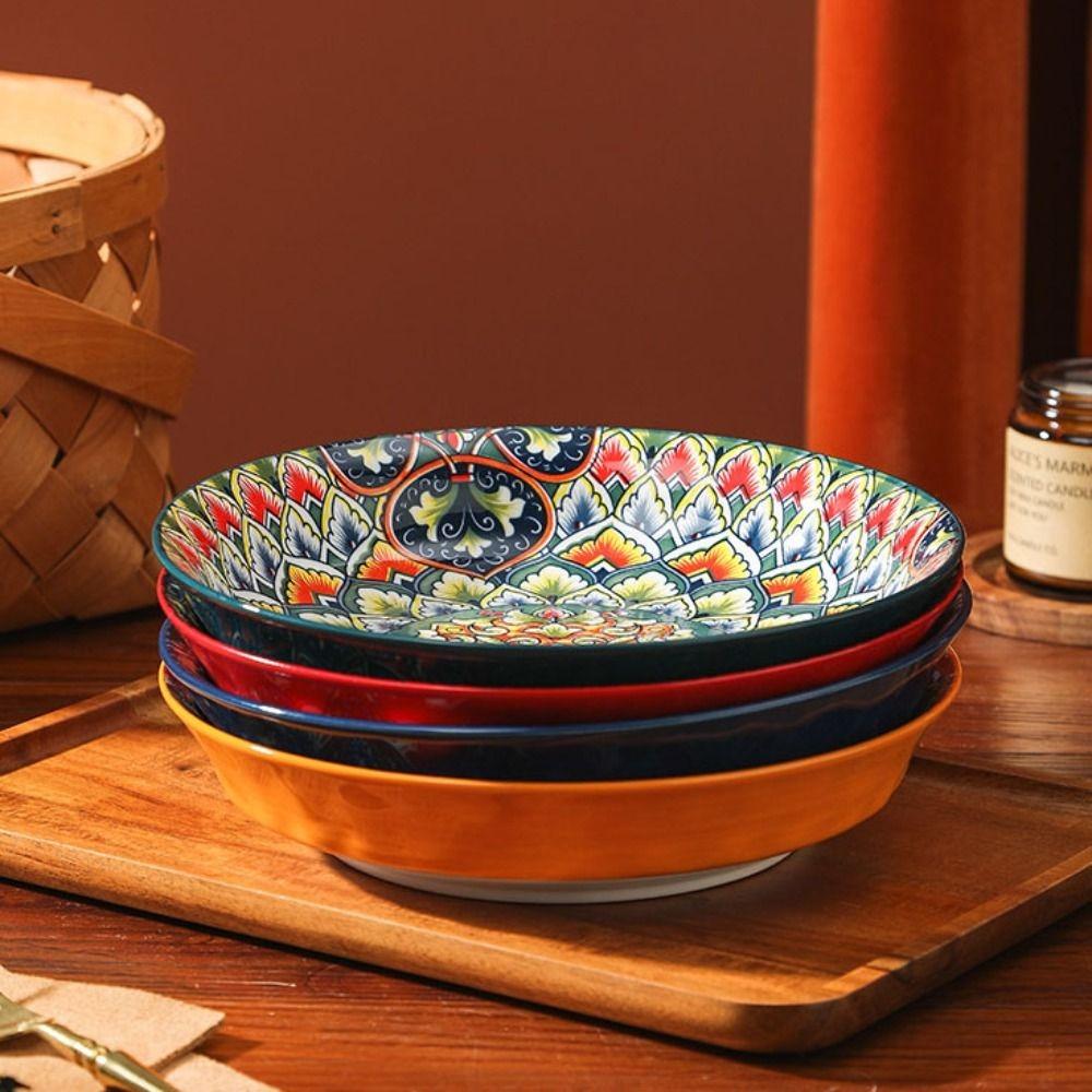 Красочная обеденная тарелка с цветочным узором, блюдо для еды, бытовая богемная керамическая тарелка, подарок на новоселье
