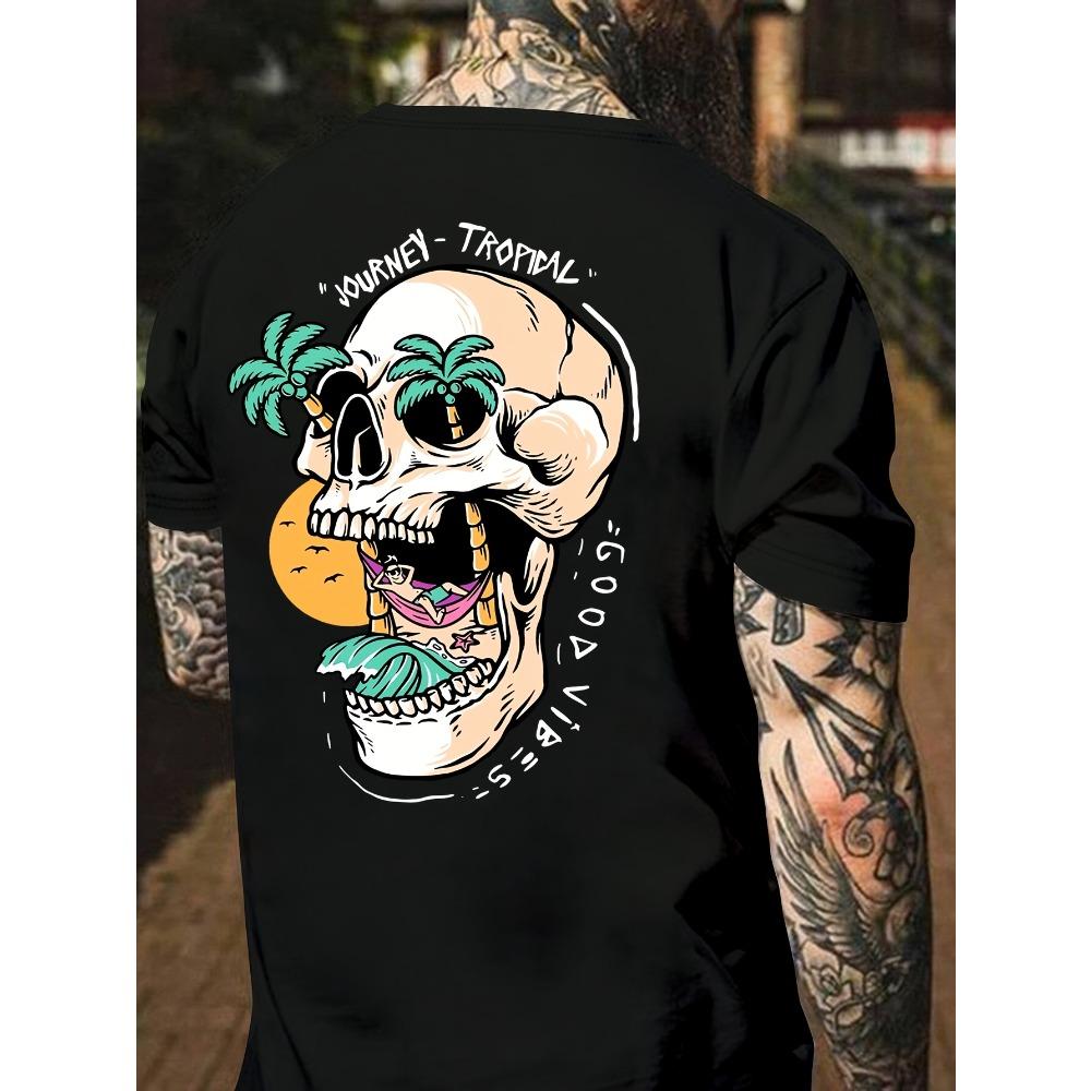 180gsm Heavyweight 100% T-Shirt - Tropical Skull Graphic Print, Regular Fit Casual & Sporty Summer Tee for Outdoor Activities, Breathable