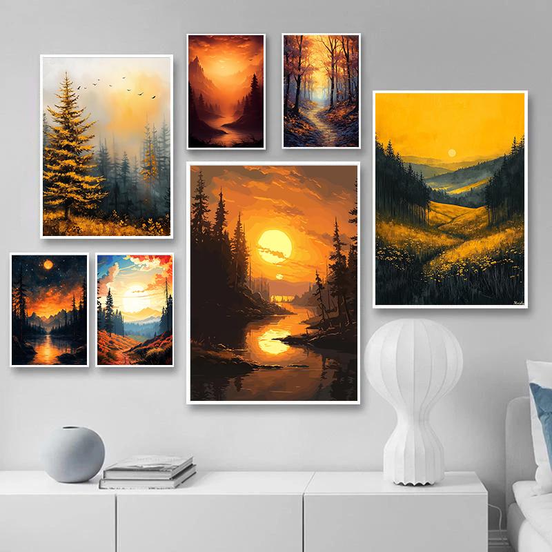 Ретро Теплая Лесная Долина Закат Природный Пейзаж Дикой Природы Художественный Постер Холст Принты Фреска Гостиная Спальня Украшение Дома